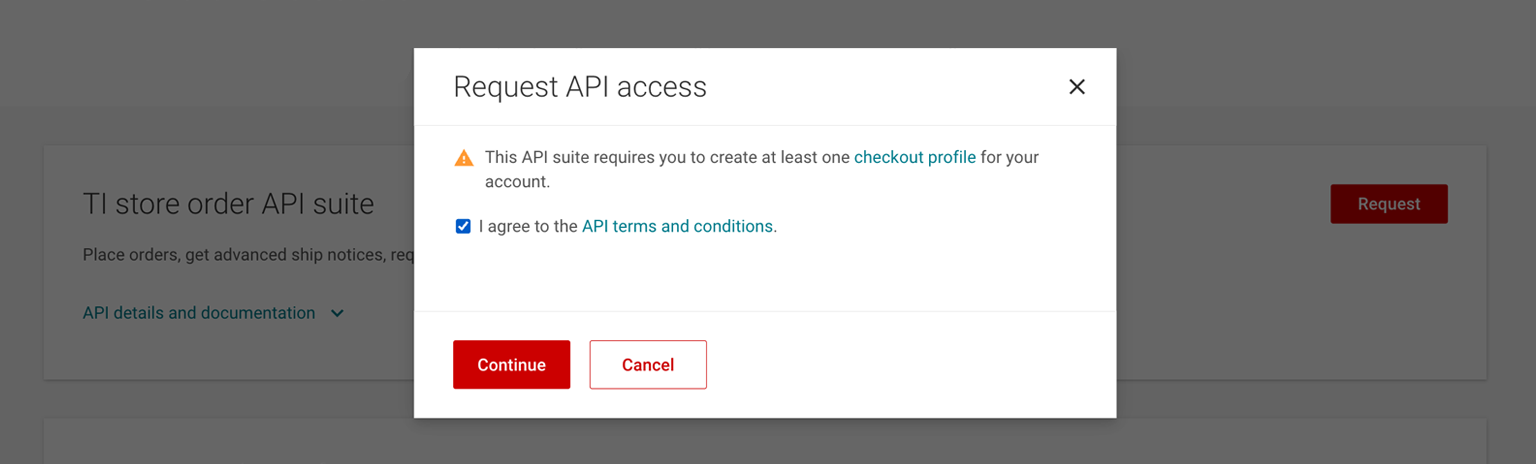 myTI API Accept terms & conditions window