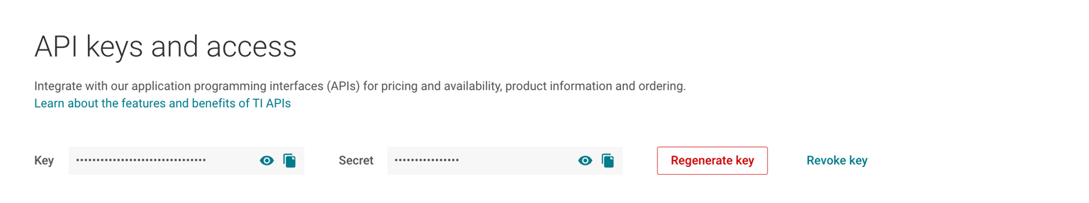 myTI API keys page