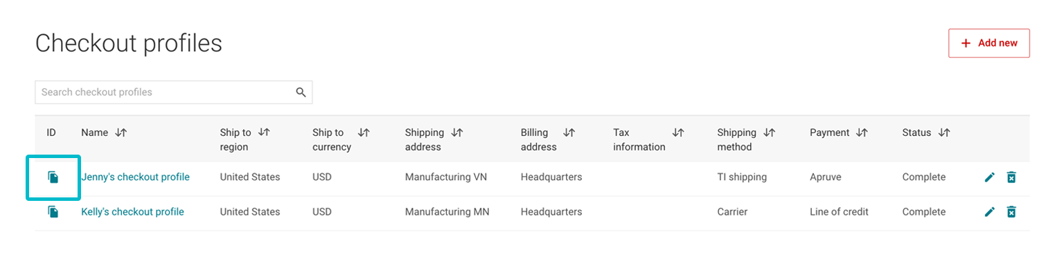 Checkout profiles table with an entry in the ID column highlighted