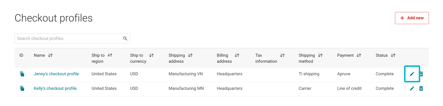 Checkout profiles page with the pencil icon highlighted